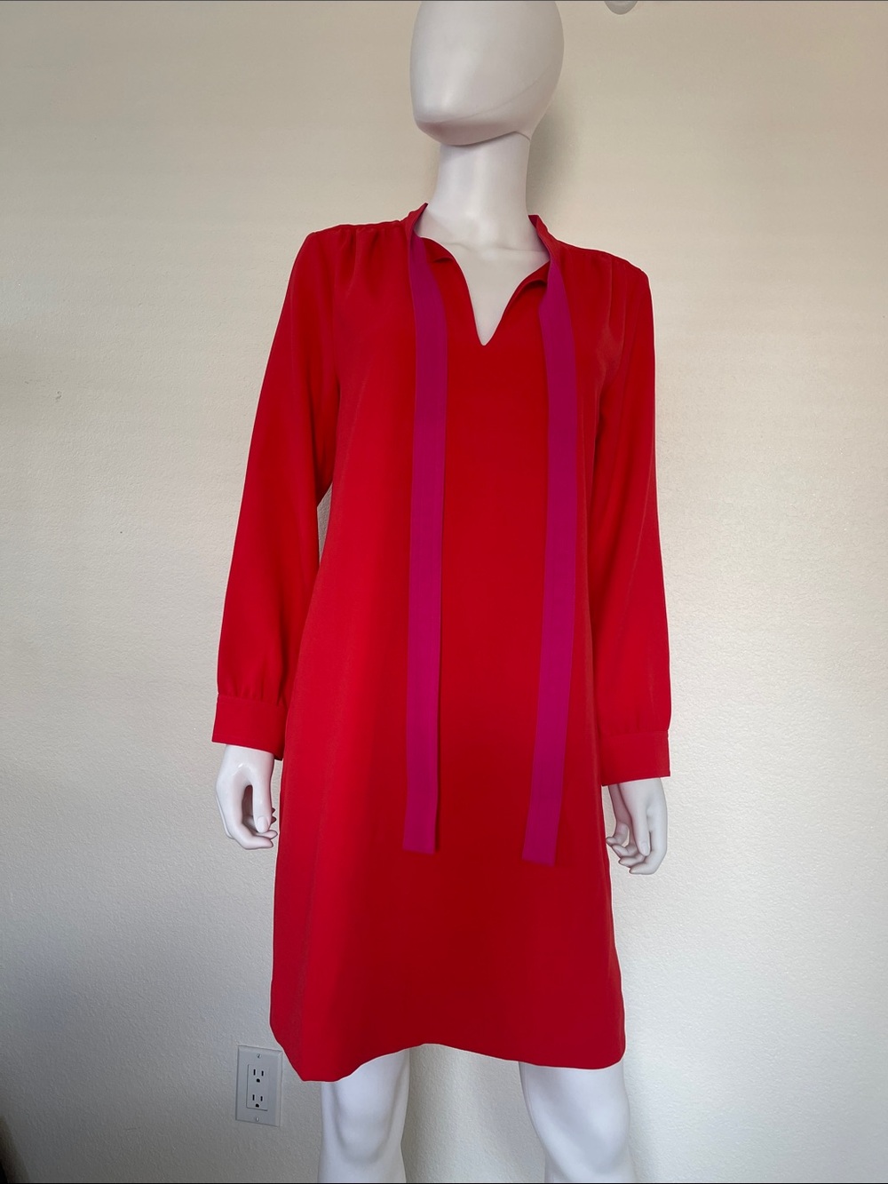 J. Crew Red Long-Sleeve Tie-Neck Shift Dress with Pink Ties